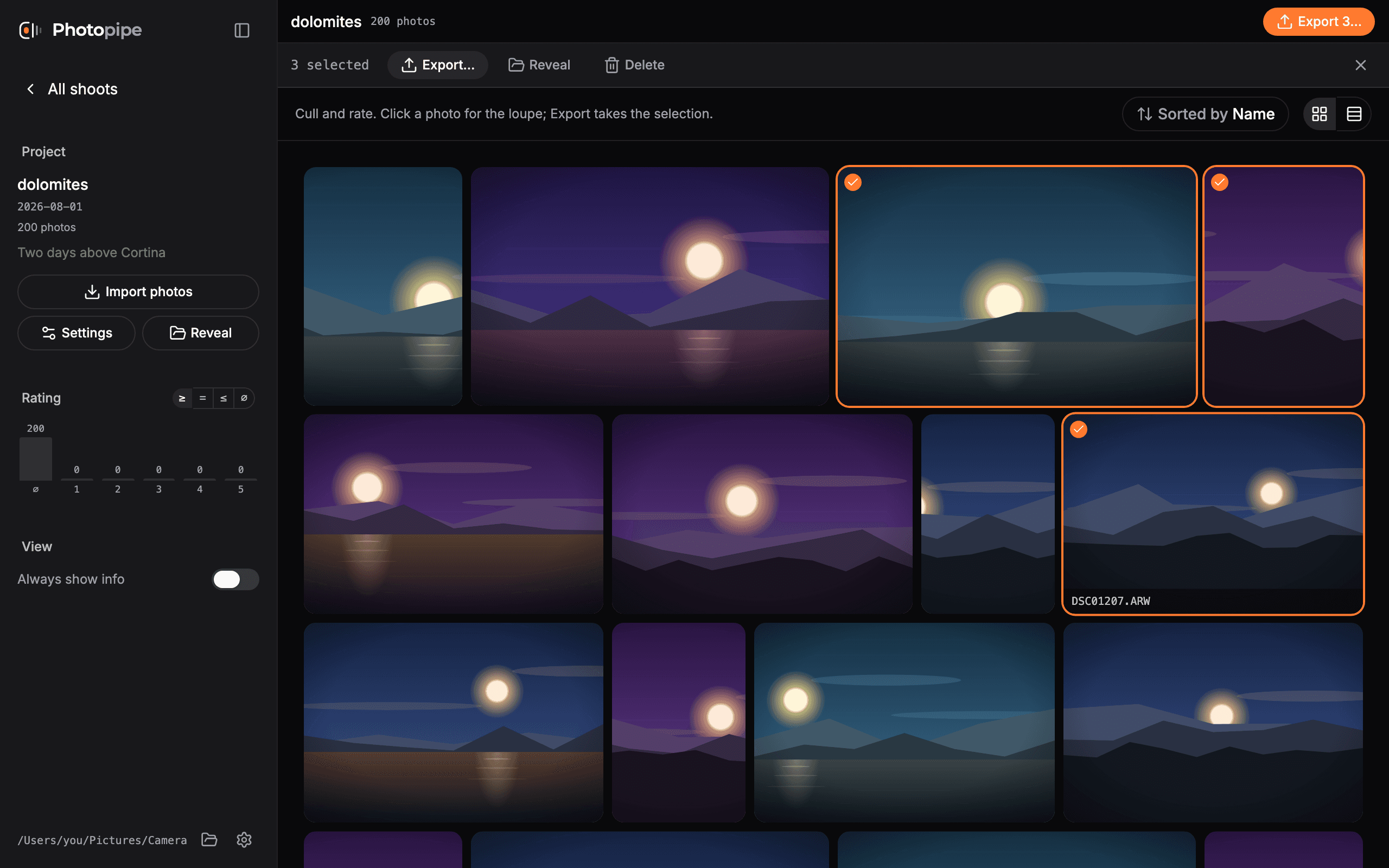 The Photopipe browse grid, a shoot sorted by Instinct score