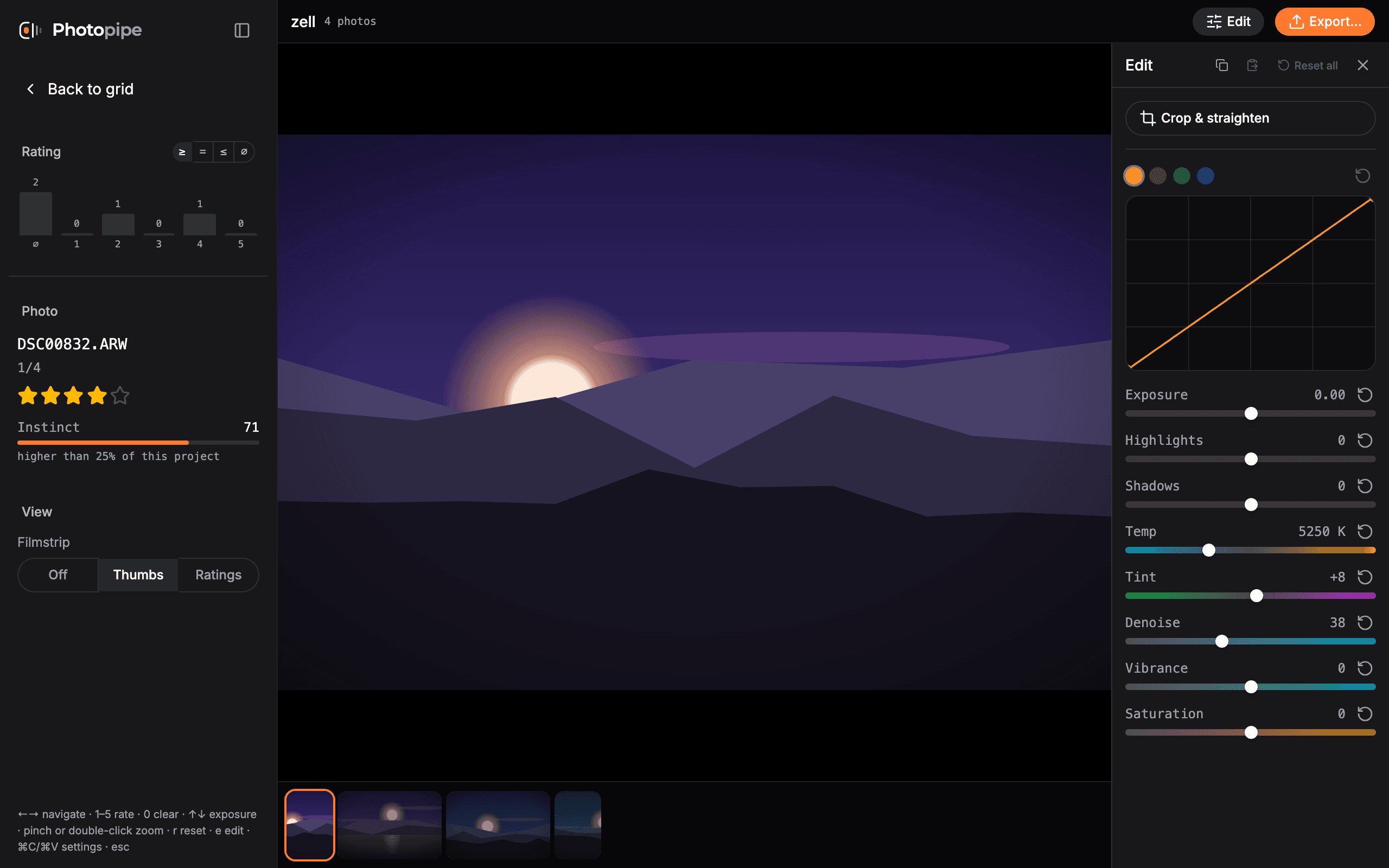 The Photopipe loupe with the edit panel open on a raw file